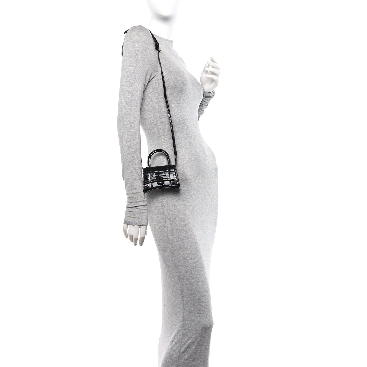 Shiny Calfskin Monochrome Crocodile Embossed Hourglass Top Handle Bag Mini Black