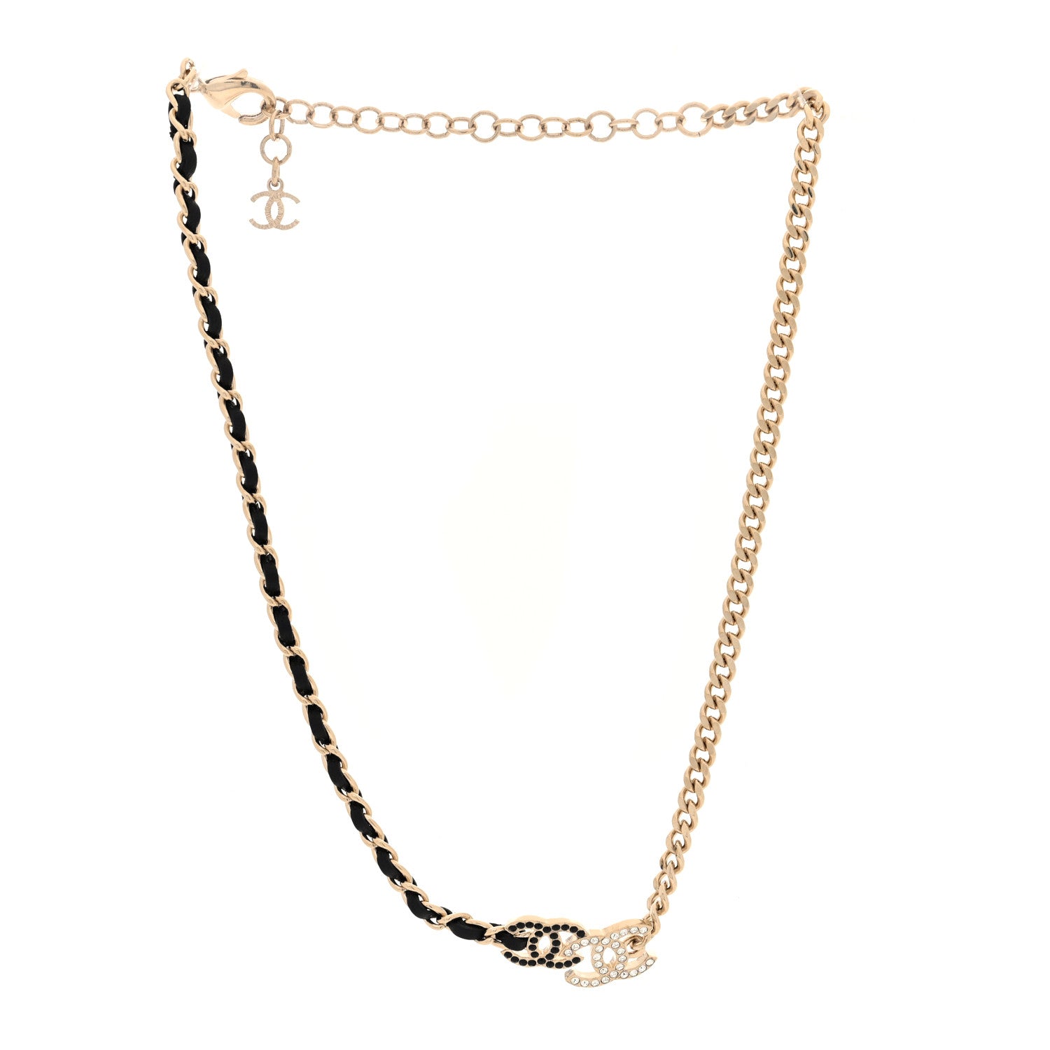 Chanel Metal Calfskin Crystal Double CC Short Necklace Black Gold 3 of 4