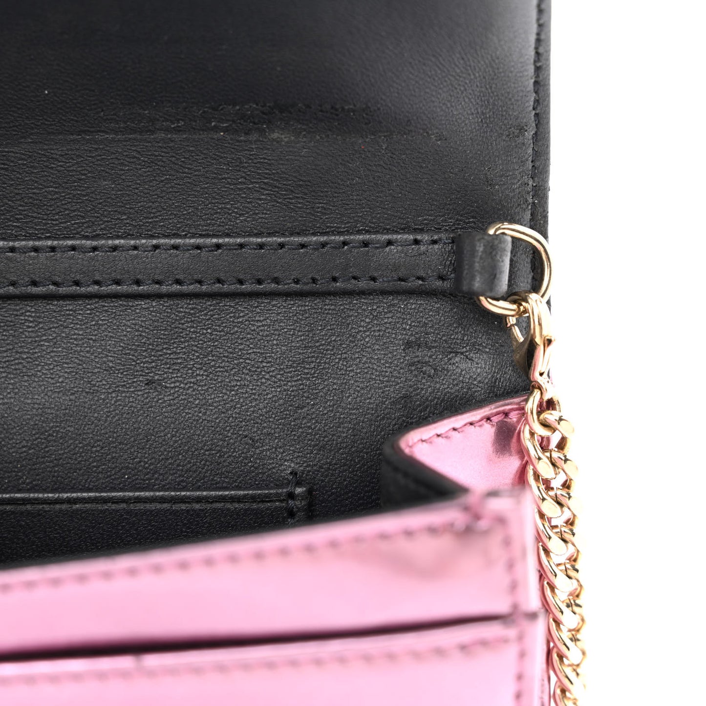 Metallic Patent Micro-Cannage Diorama Wallet on Chain Pouch Pink
