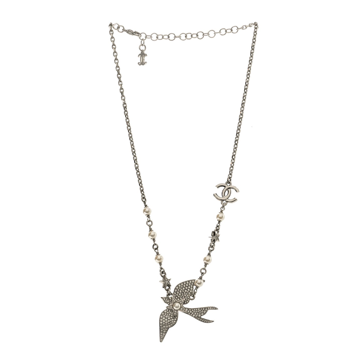 Pearl Crystal CC Star Bird Necklace Silver Pearly White