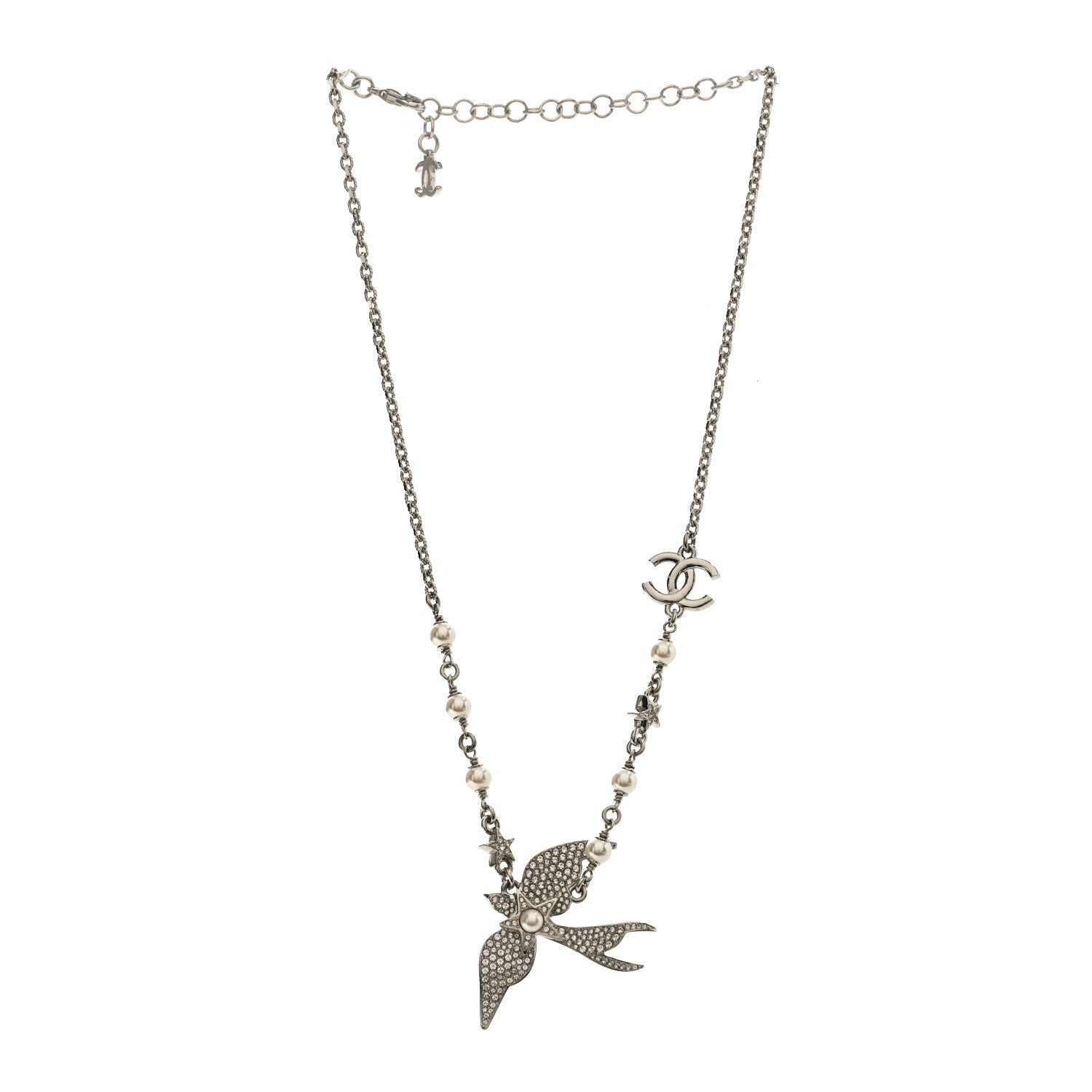 Chanel Pearl Crystal CC Star Bird Necklace Silver Pearly White 3 of 5