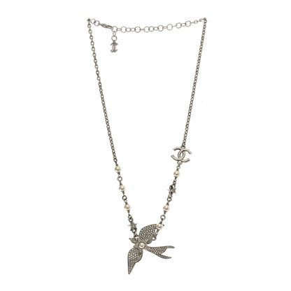 Chanel Pearl Crystal CC Star Bird Necklace Silver Pearly White 3 of 5