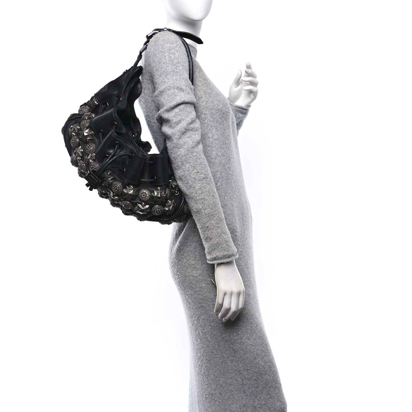 Calfskin Mason Warrior Studded Hobo Black