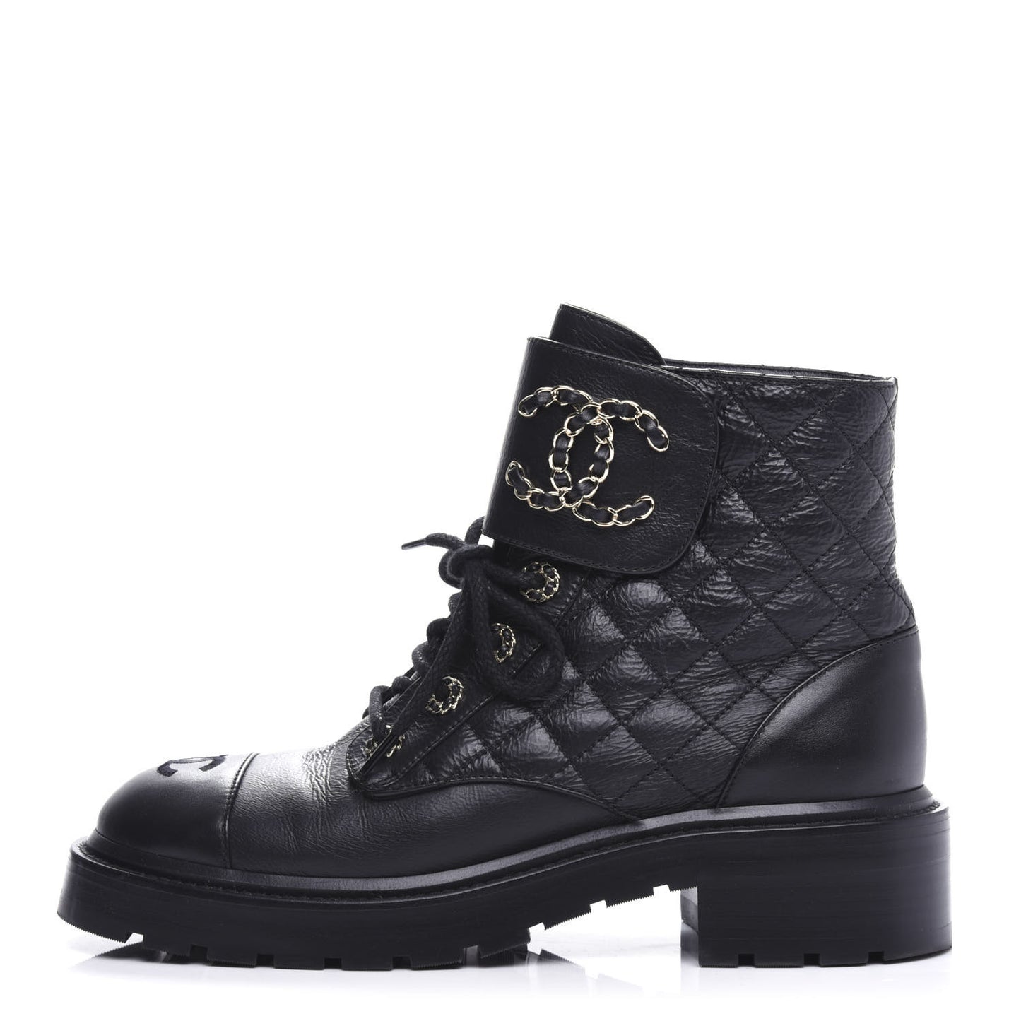 Shiny Goatskin Calfskin Quilted Lace Up Combat Boots 38 Black