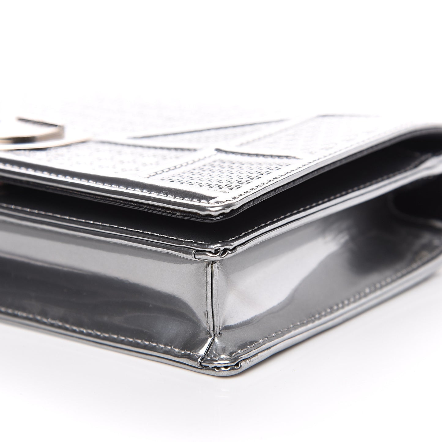 Metallic Patent Micro-Cannage Diorama Wallet on Chain Pouch Silver