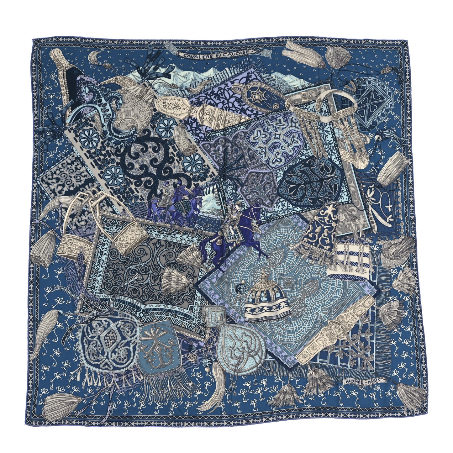 Cashmere Silk Cavaliers du Caucase Shawl 140 Bleu Gris Parme
