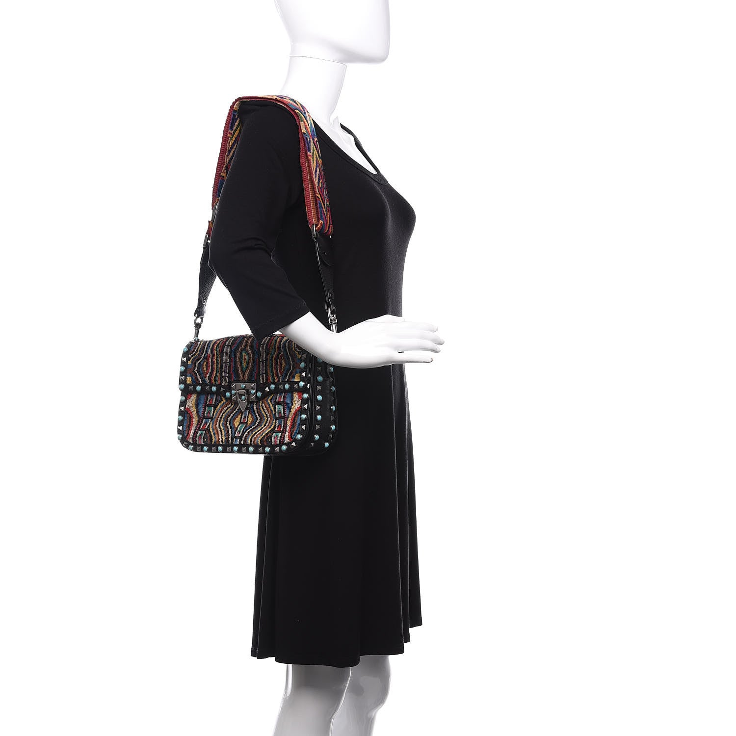 Valentino Garavani Pebbled Calfskin Beaded Medium Guitar Strap Rockstud Rolling Flap Saddle Bag Black 2 of 9