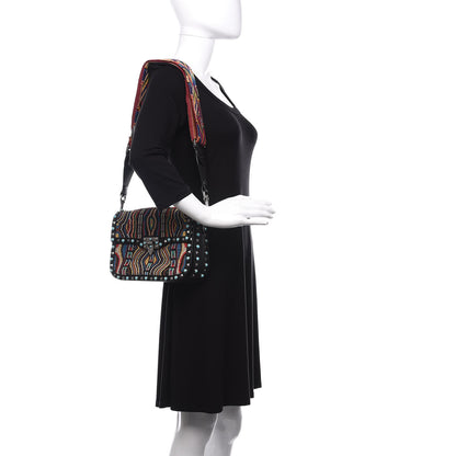 Valentino Garavani Pebbled Calfskin Beaded Medium Guitar Strap Rockstud Rolling Flap Saddle Bag Black 2 of 9