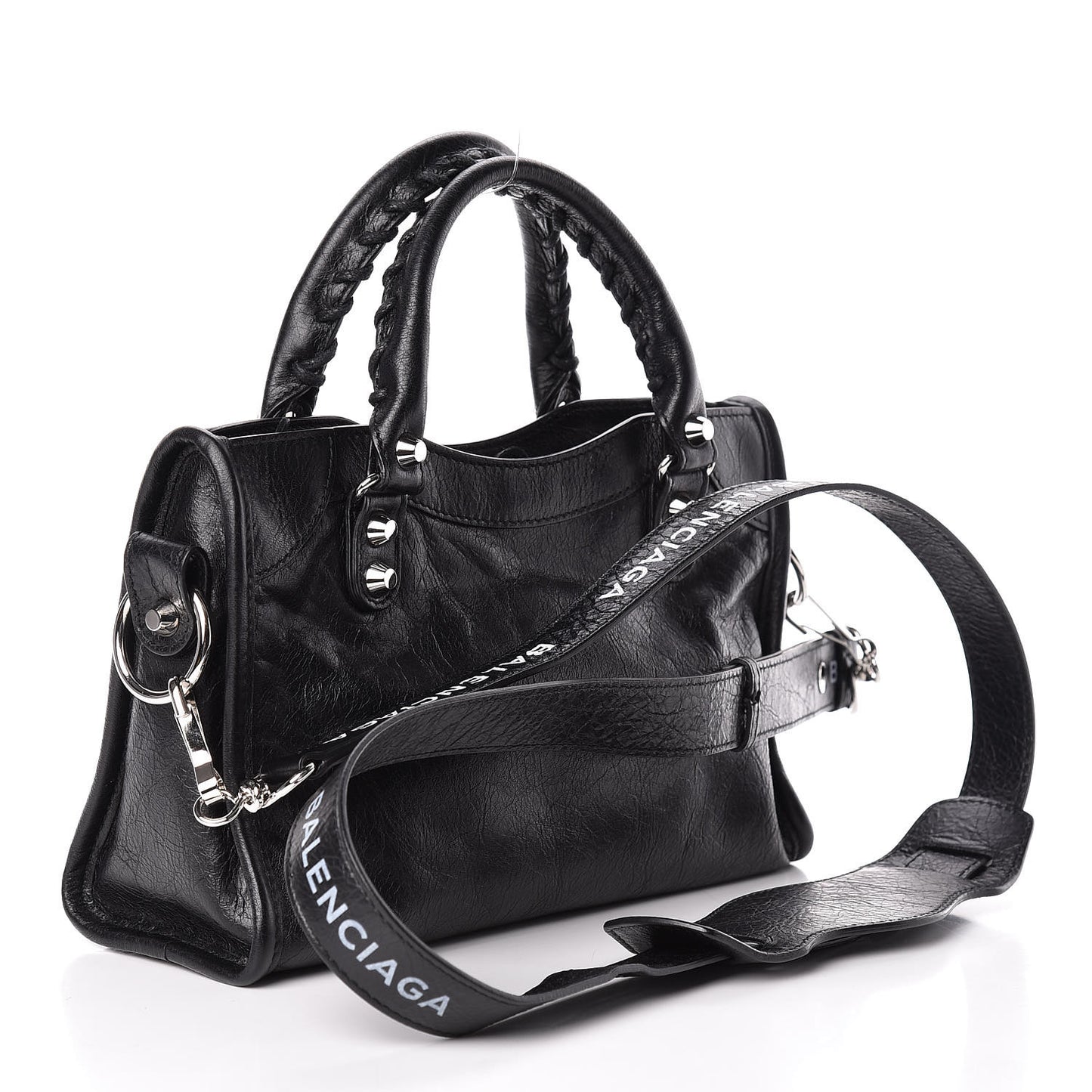 Agneau Classic Silver Hardware Mini City Logo Strap Black White