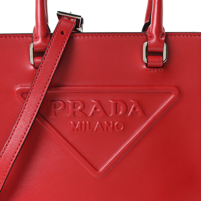 Prada Soft Calfskin Triangle Logo Embossed Small Double Handle Crossbody Tote Rosso 7 of 9