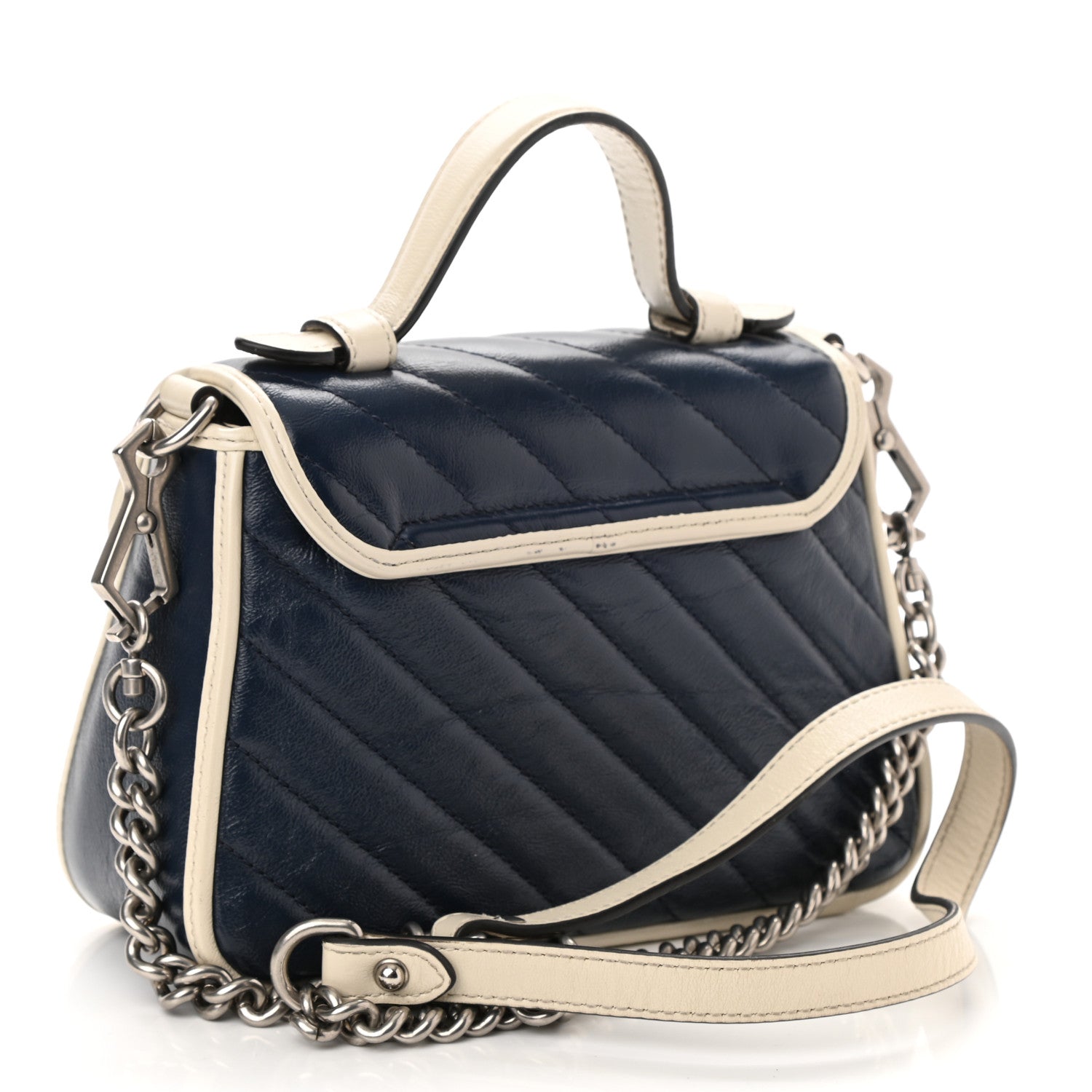 Gucci Vintage Effect Calfskin Matelasse Diagonal Mini Torchon GG Marmont Top Handle Shoulder Bag Blue Agata Mystic White 2 of 8