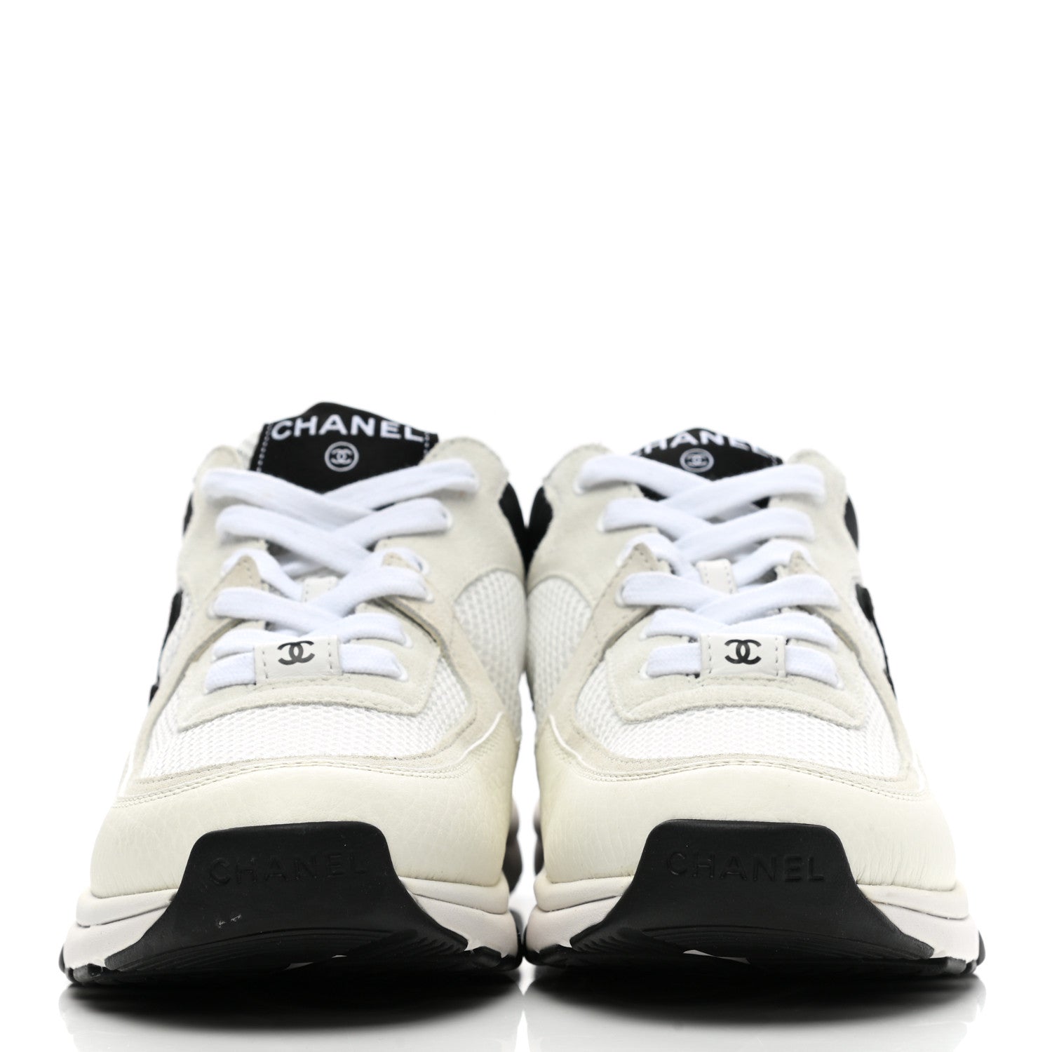 Chanel Mesh Suede Calfskin Grained Calfskin Womens CC Sneakers 38 White Black 2 of 9