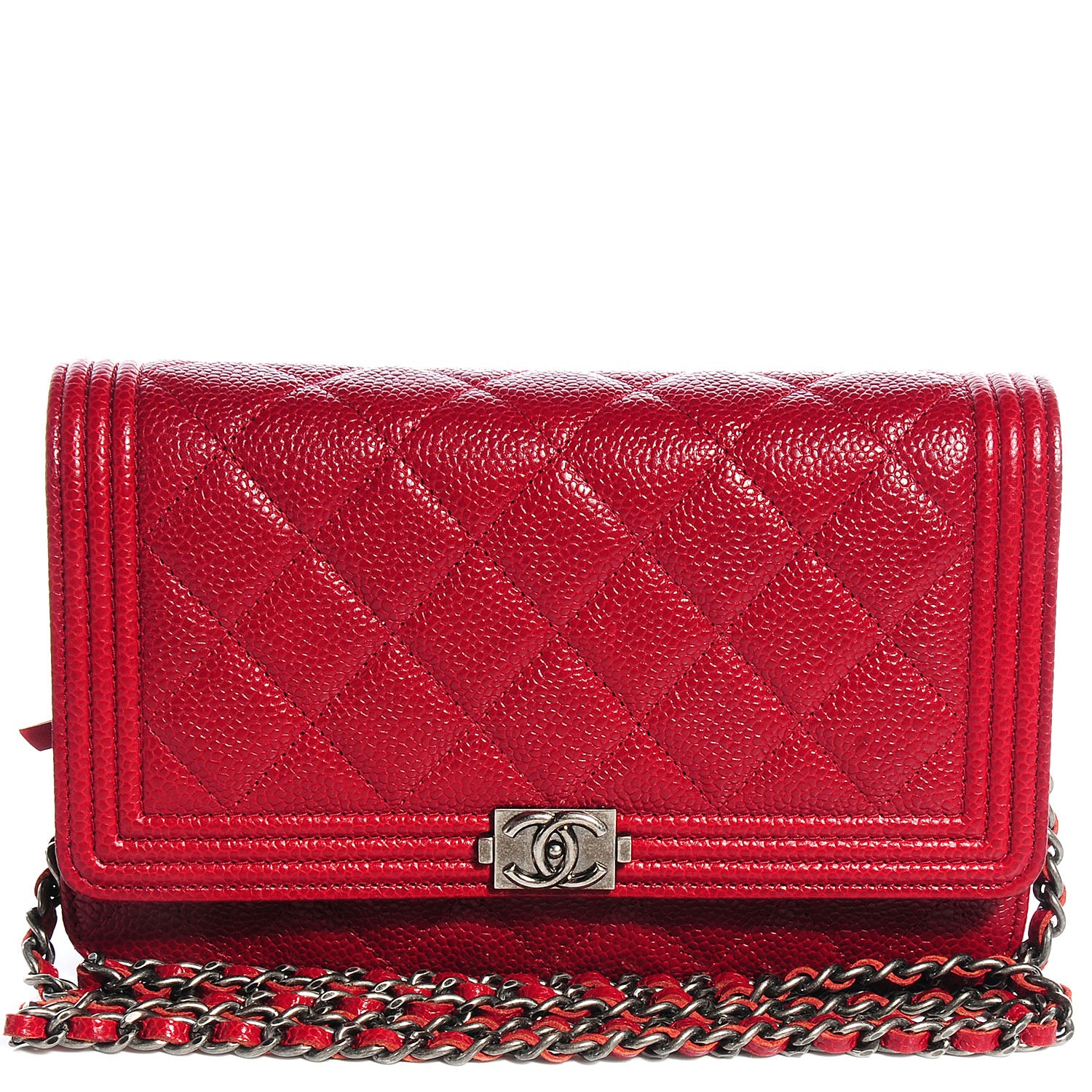 Chanel Caviar Quilted Boy Wallet On Chain WOC Red 1 of 8