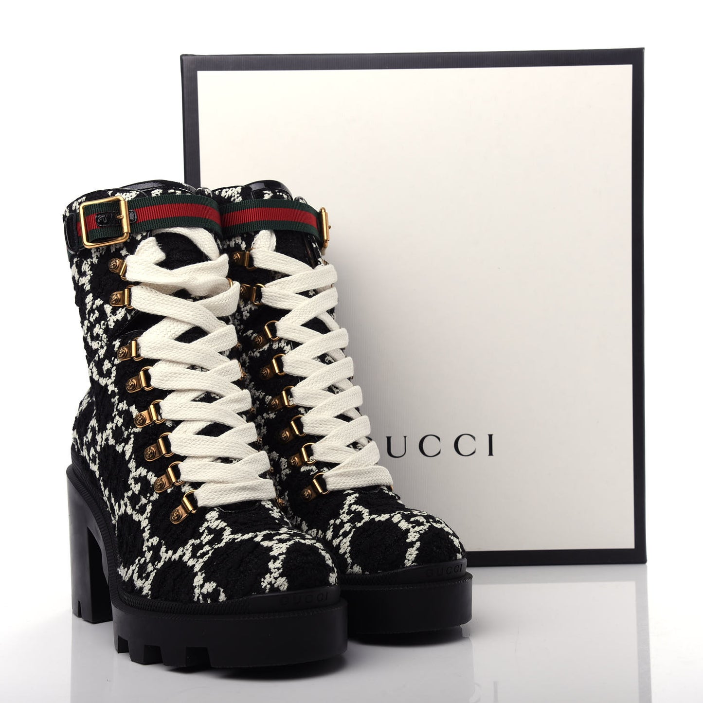 Tweed GG Monogram Lace Up Combat Ankle Boots 39 Black