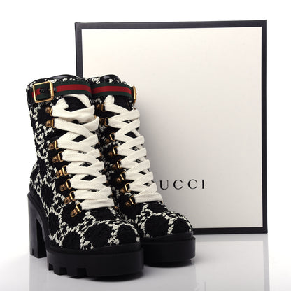 Gucci Tweed GG Monogram Lace Up Combat Ankle Boots 39 Black 11 of 11