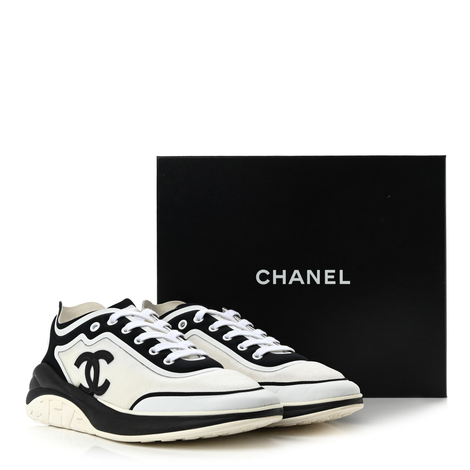 Chanel Lycra Womens CC Sneakers 40 White Black 10 of 10