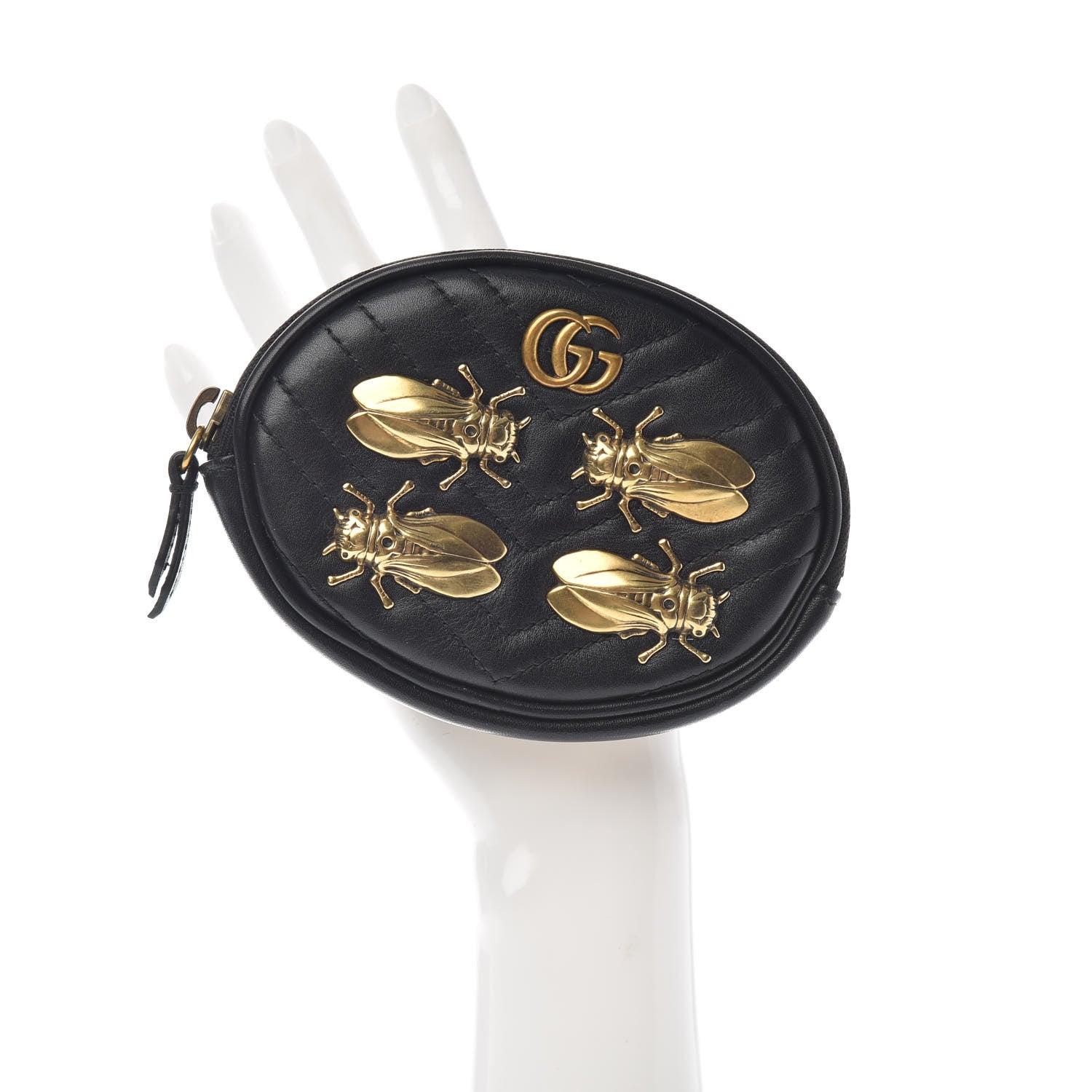 Gucci Calfskin Matelasse Animal Studs GG Marmont Round Wrist Pouch Black 2 of 6