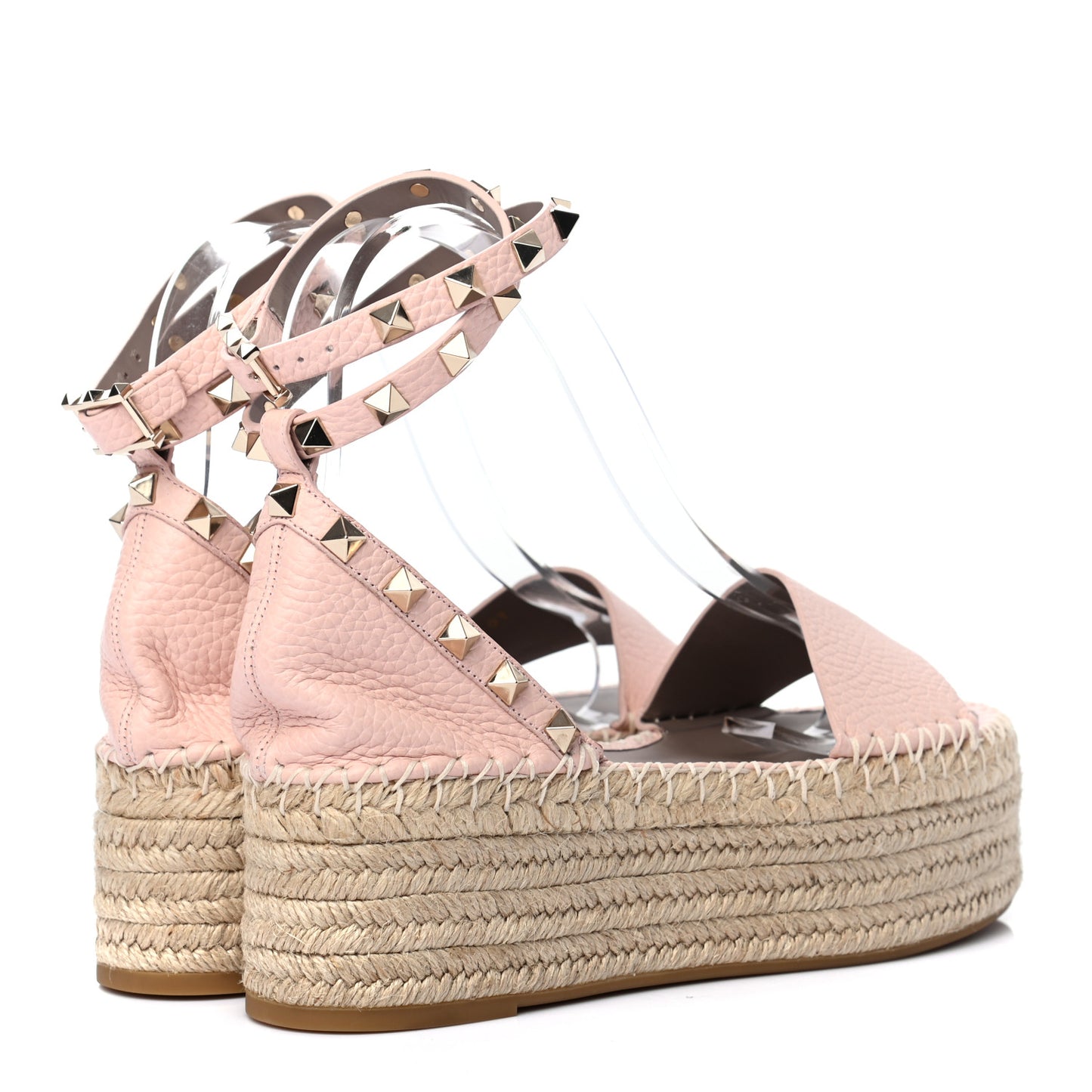 Grained Calfskin Rockstud Ankle Wrap Espadrille Flatform Sandals 36 Rose Quartz