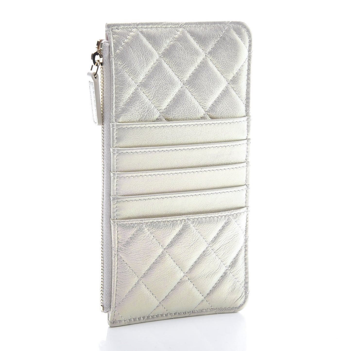 Iridescent Lambskin Quilted Classic Flat Wallet Pouch Ivory