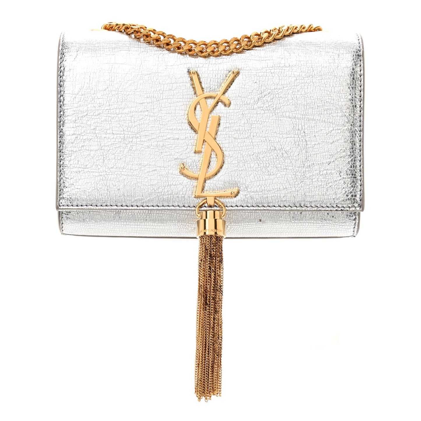 Metallic Calfskin Small Classic Monogram Kate Tassel Satchel Silver