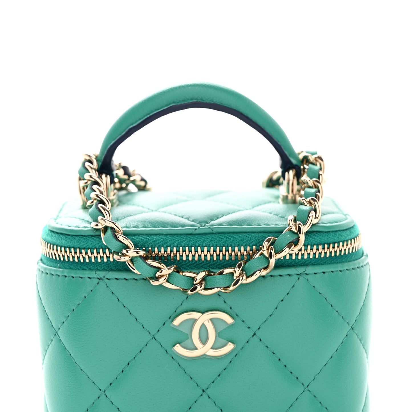 Lambskin Quilted Top Handle Mini Vanity Case With Chain Green