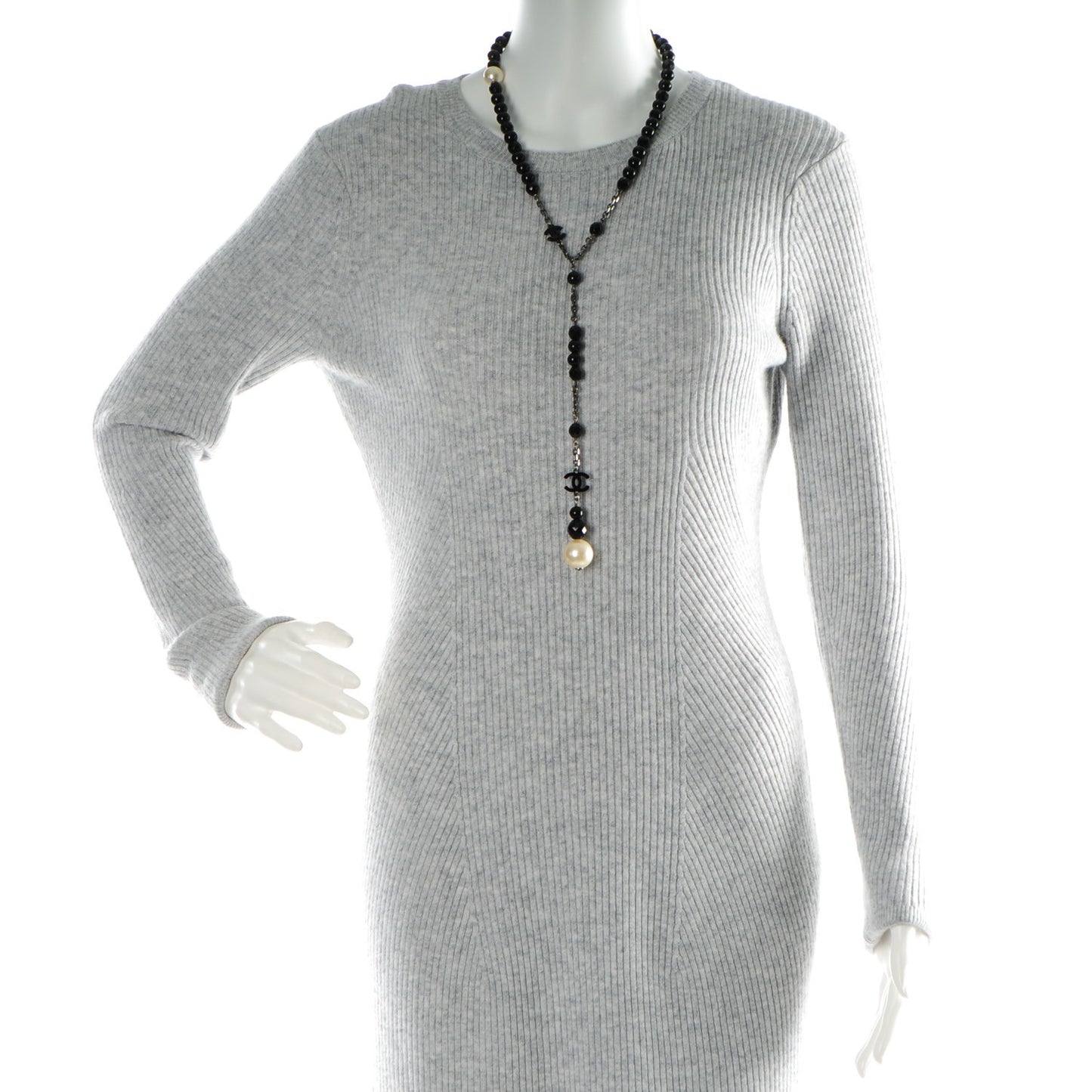 Pearl Beaded CC Long Necklace Ruthenium Black