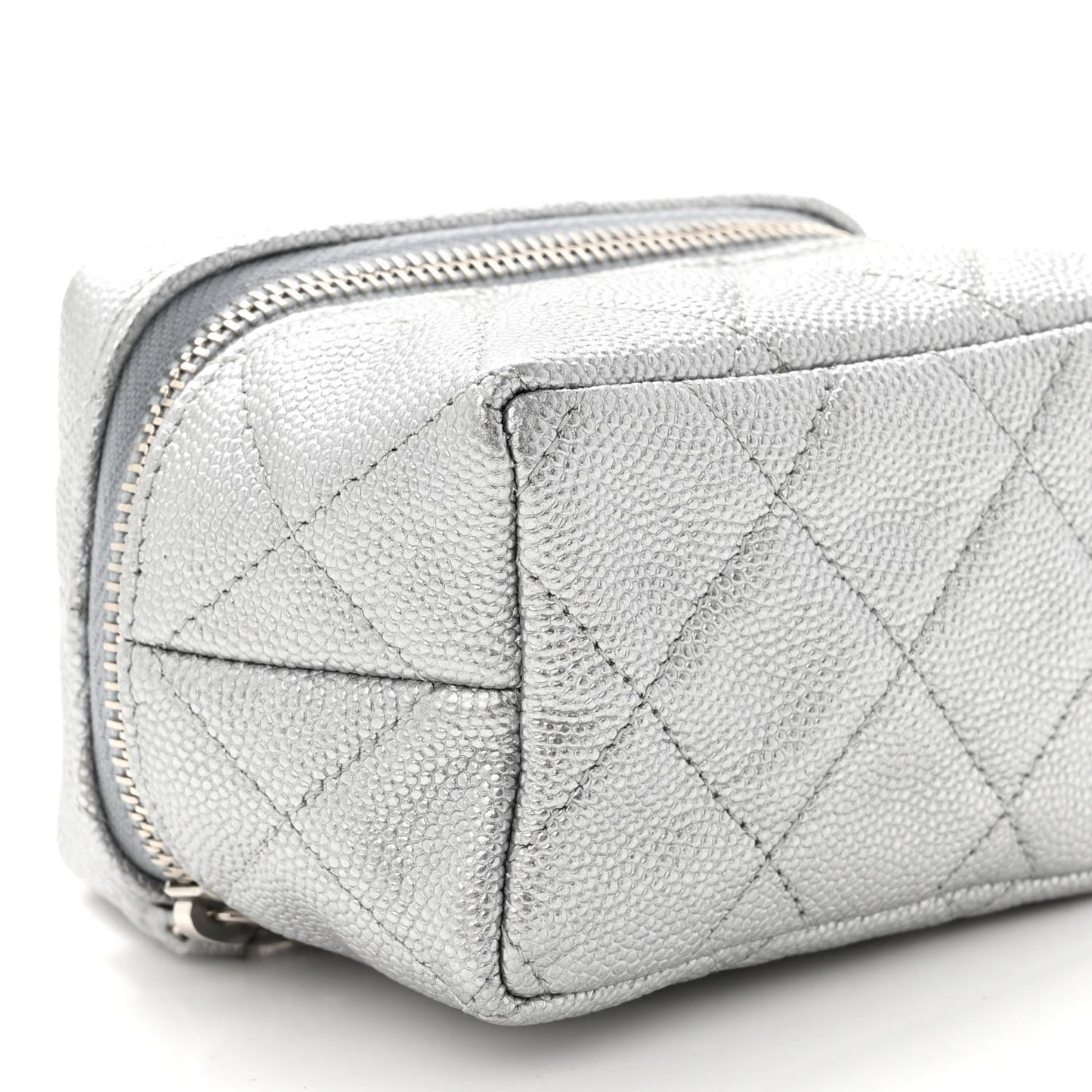 Metallic Caviar Quilted Mini Top Handle Vanity With Chain Silver