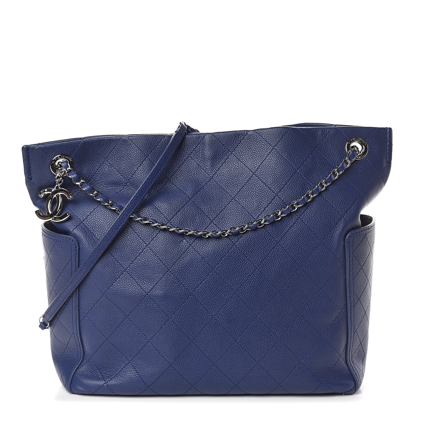 Grained Calfskin Stitched CC Pocket Tote Navy Blue