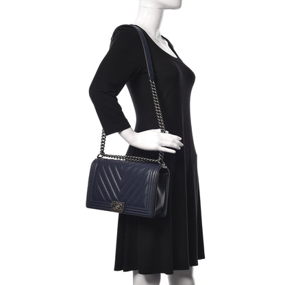 Chanel Lambskin Chevron Quilted New Medium Boy Flap Dark Navy Blue 5 of 14