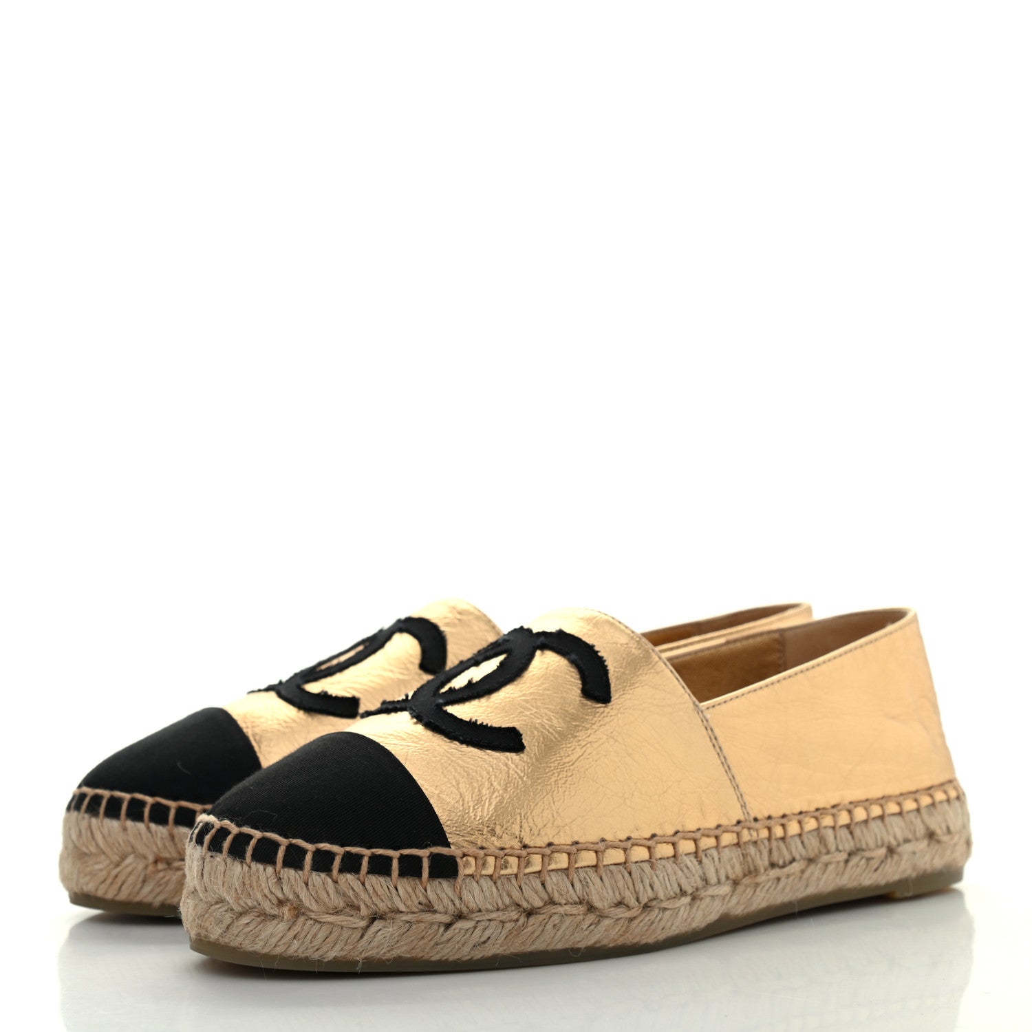 Chanel Laminated Lambskin Grosgrain CC Espadrilles 35 Gold Black 3 of 7