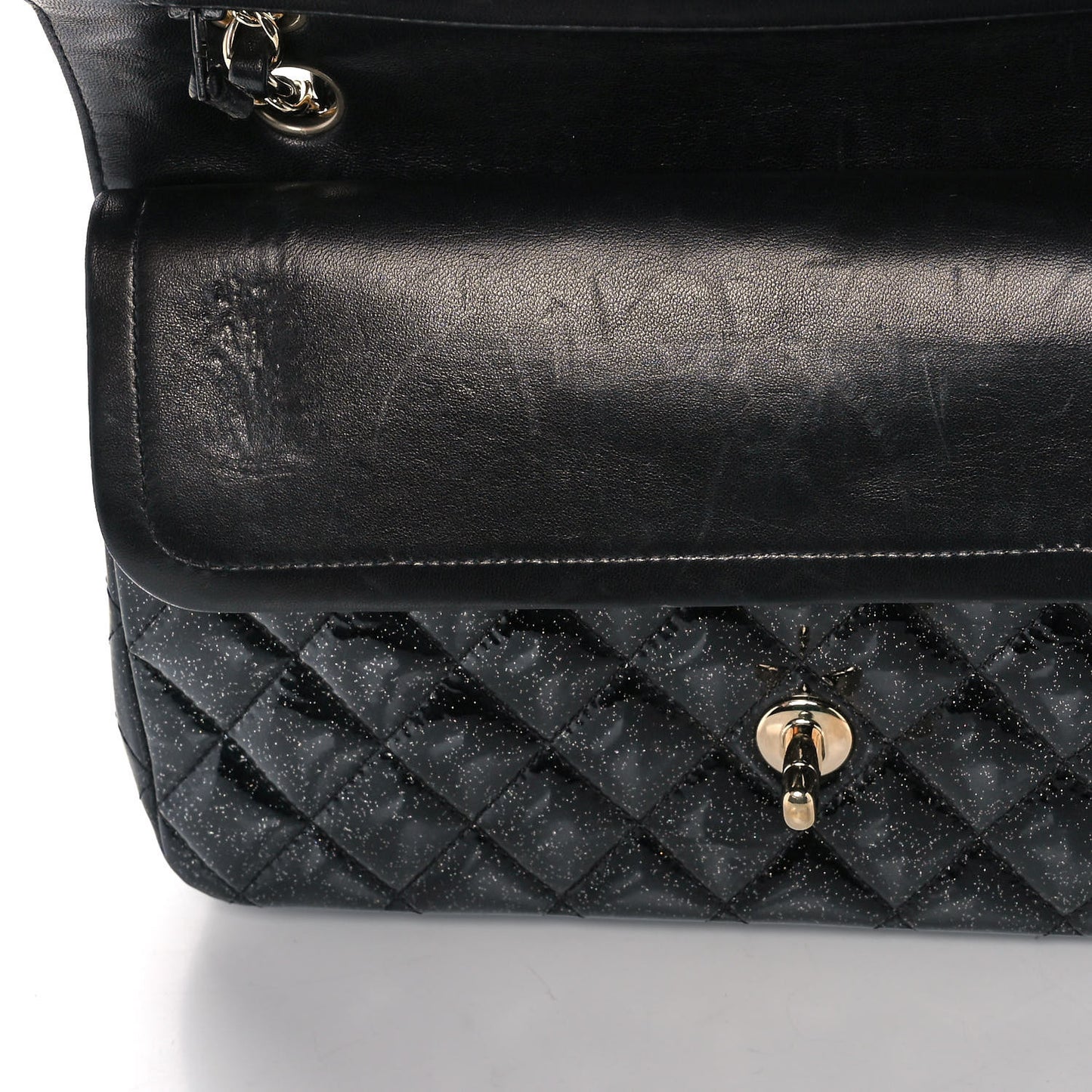 Patent Quilted Sparkle Glitter Medium Double Flap Black