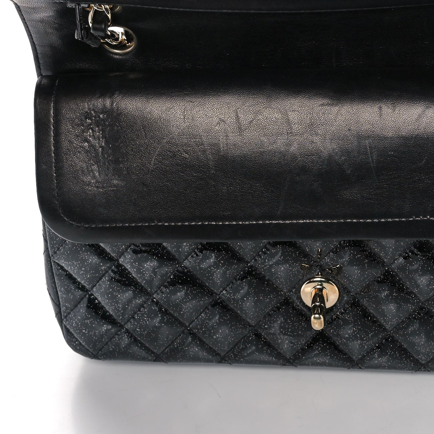 Chanel Patent Quilted Sparkle Glitter Medium Double Flap Black 12 of 14