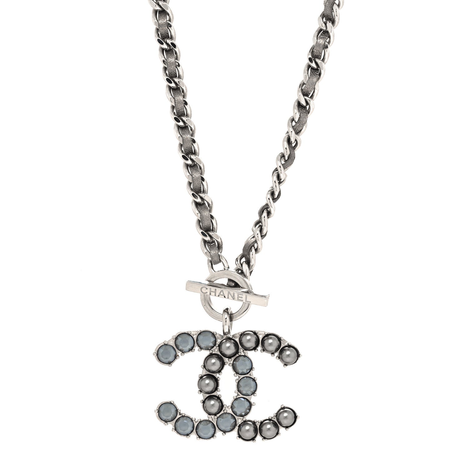 Chanel Crystal Pearl Short CC Necklace Silver Ruthenium 1 of 5