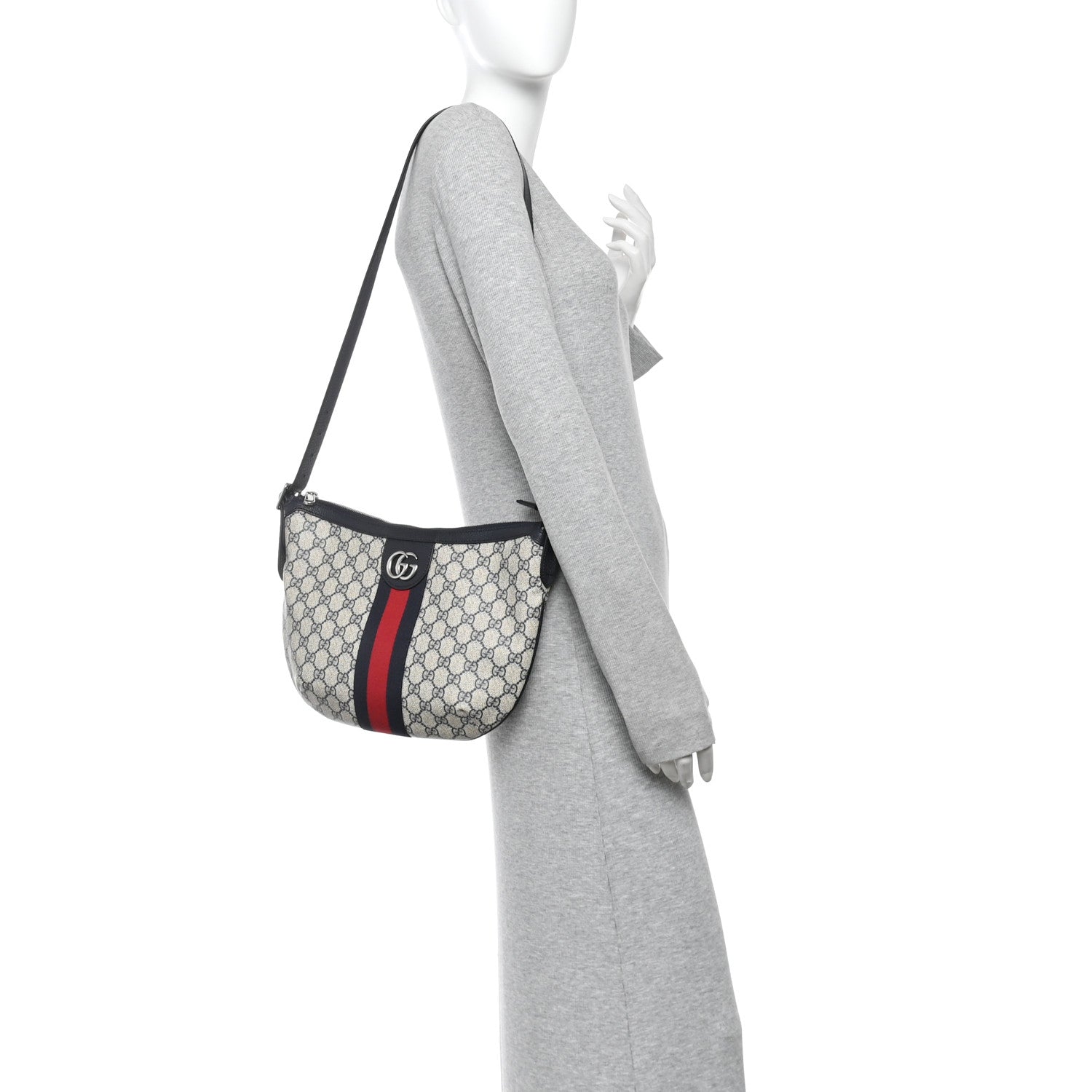 Gucci GG Supreme Monogram Textured Dollar Calfskin Web Small Ophidia Half Moon Hobo Beige Blue 2 of 10