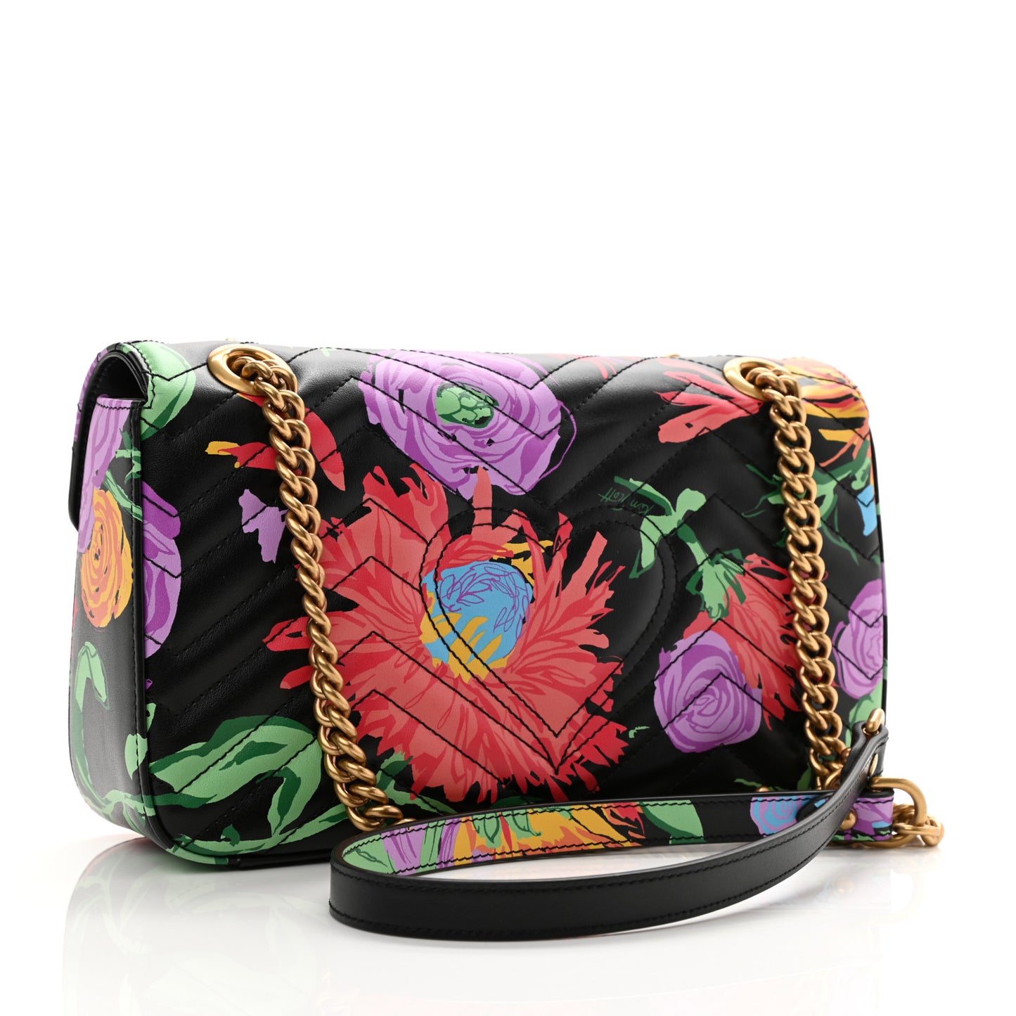 X KEN SCOTT Calfskin Matelasse Floral Small GG Marmont Shoulder Bag Black