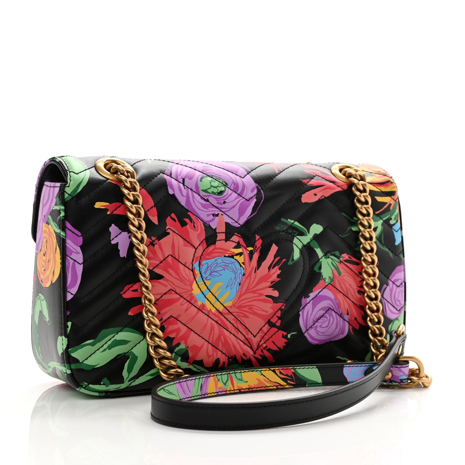 Gucci X KEN SCOTT Calfskin Matelasse Floral Small GG Marmont Shoulder Bag Black 3 of 11