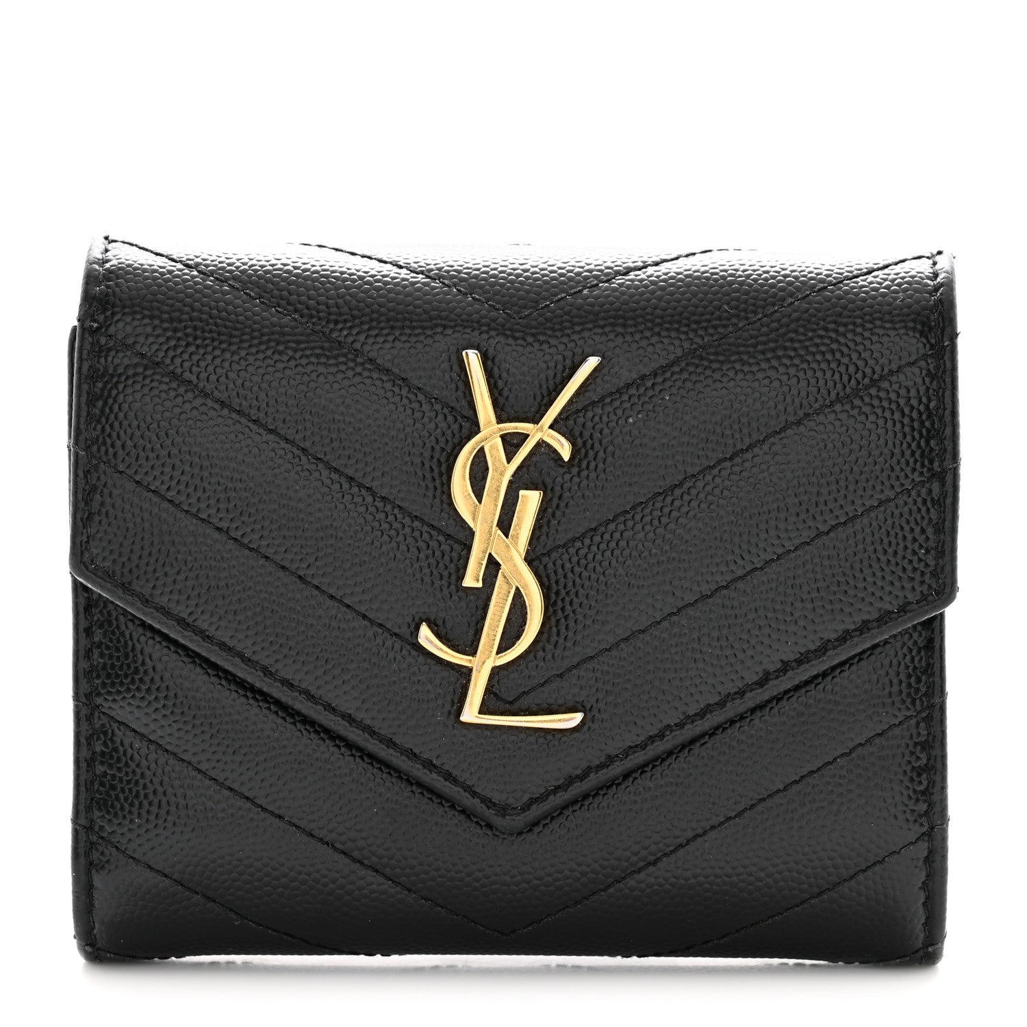 Saint Laurent Grain De Poudre Matelasse Chevron Monogram Compact Tri Fold Wallet Black 1 of 11