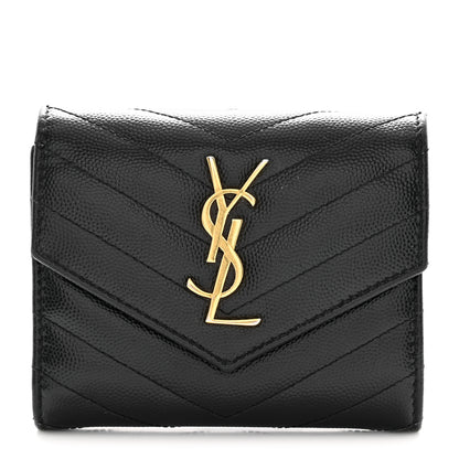 Saint Laurent Grain De Poudre Matelasse Chevron Monogram Compact Tri Fold Wallet Black 1 of 11