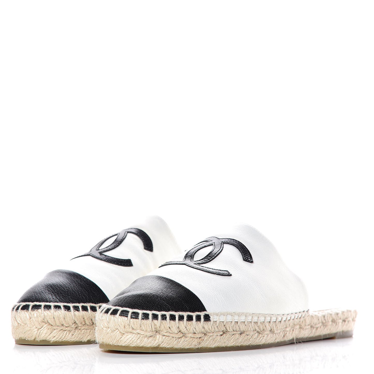 Iridescent Goatskin CC Espadrille Mules 40 Ivory Black