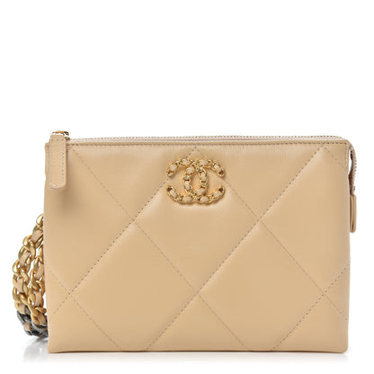 Chanel Shiny Goatskin Quilted Chanel 19 Small Pouch With Handle Beige 1 of 11
