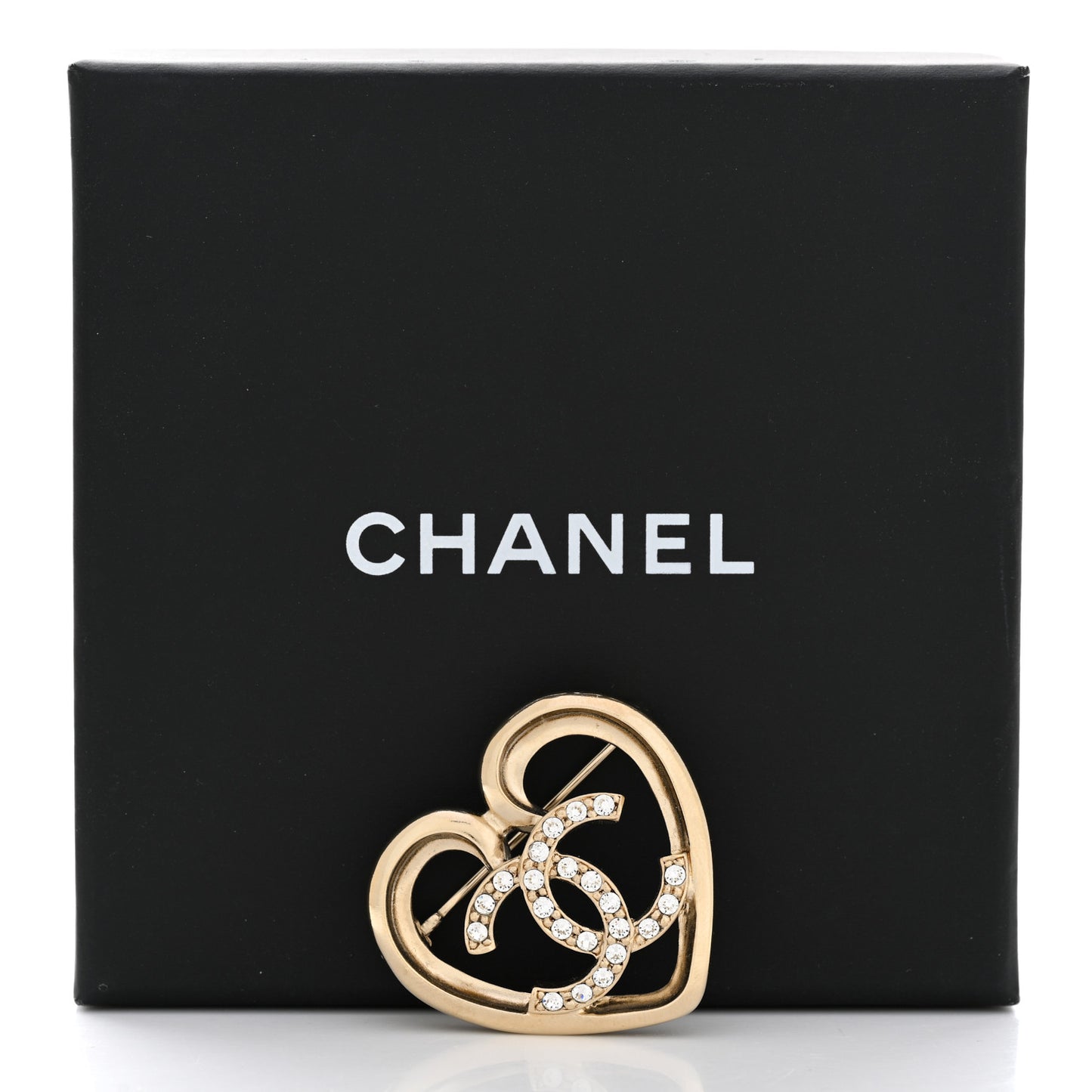 Metal Crystal CC Logo Heart Brooch Gold
