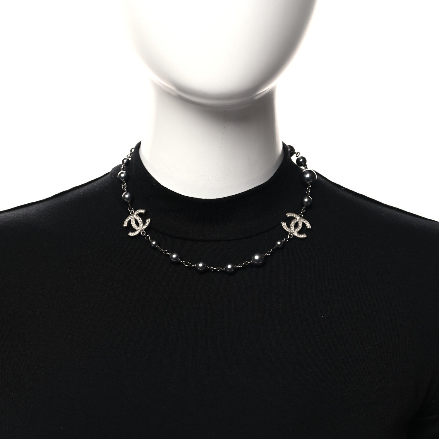 Chanel Pearl Crystal Bead CC Necklace Ruthenium 2 of 4