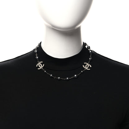 Chanel Pearl Crystal Bead CC Necklace Ruthenium 2 of 4