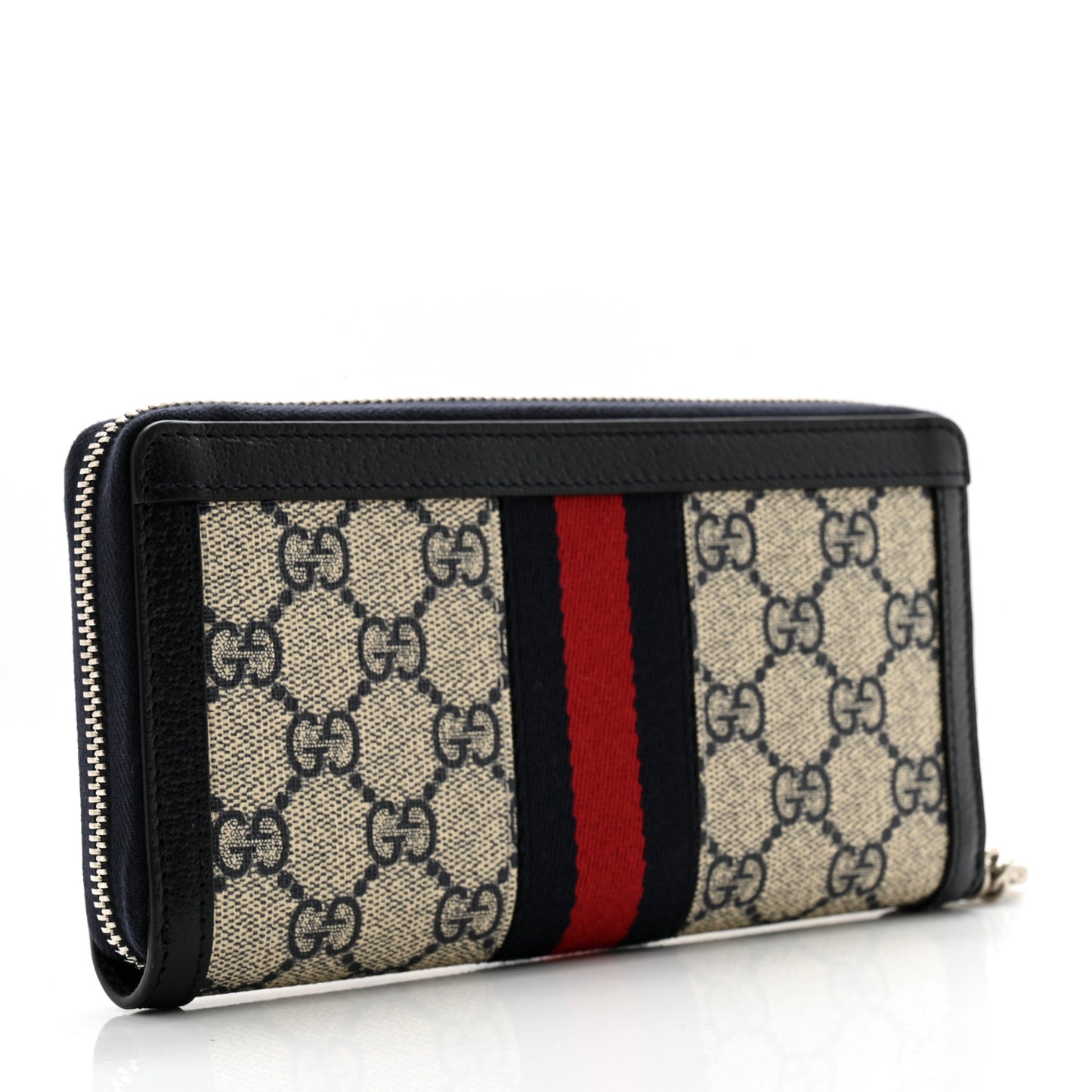 GG Supreme Monogram Textured Dollar Calfskin Web Ophidia Zip Around Wallet Beige Blue