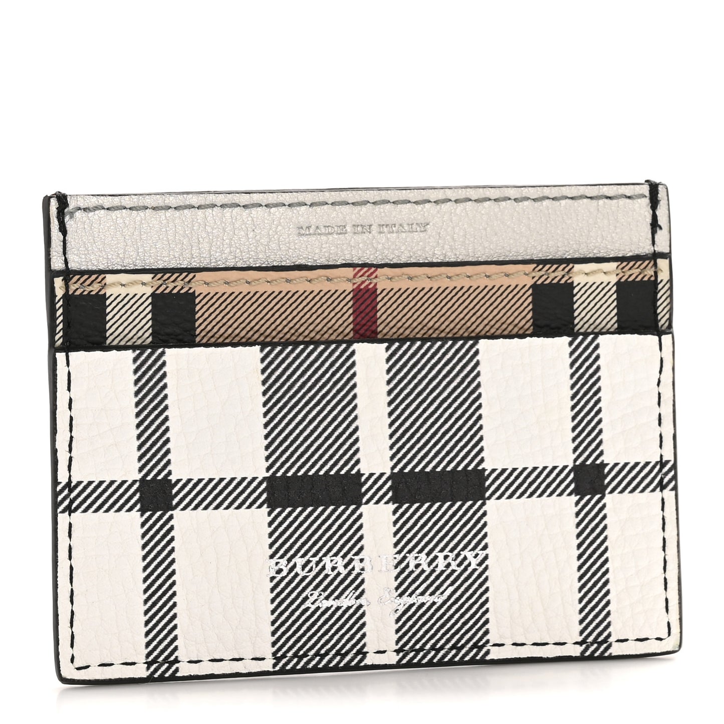 Calfskin Haymarket Check Cat Applique Card Case Black White