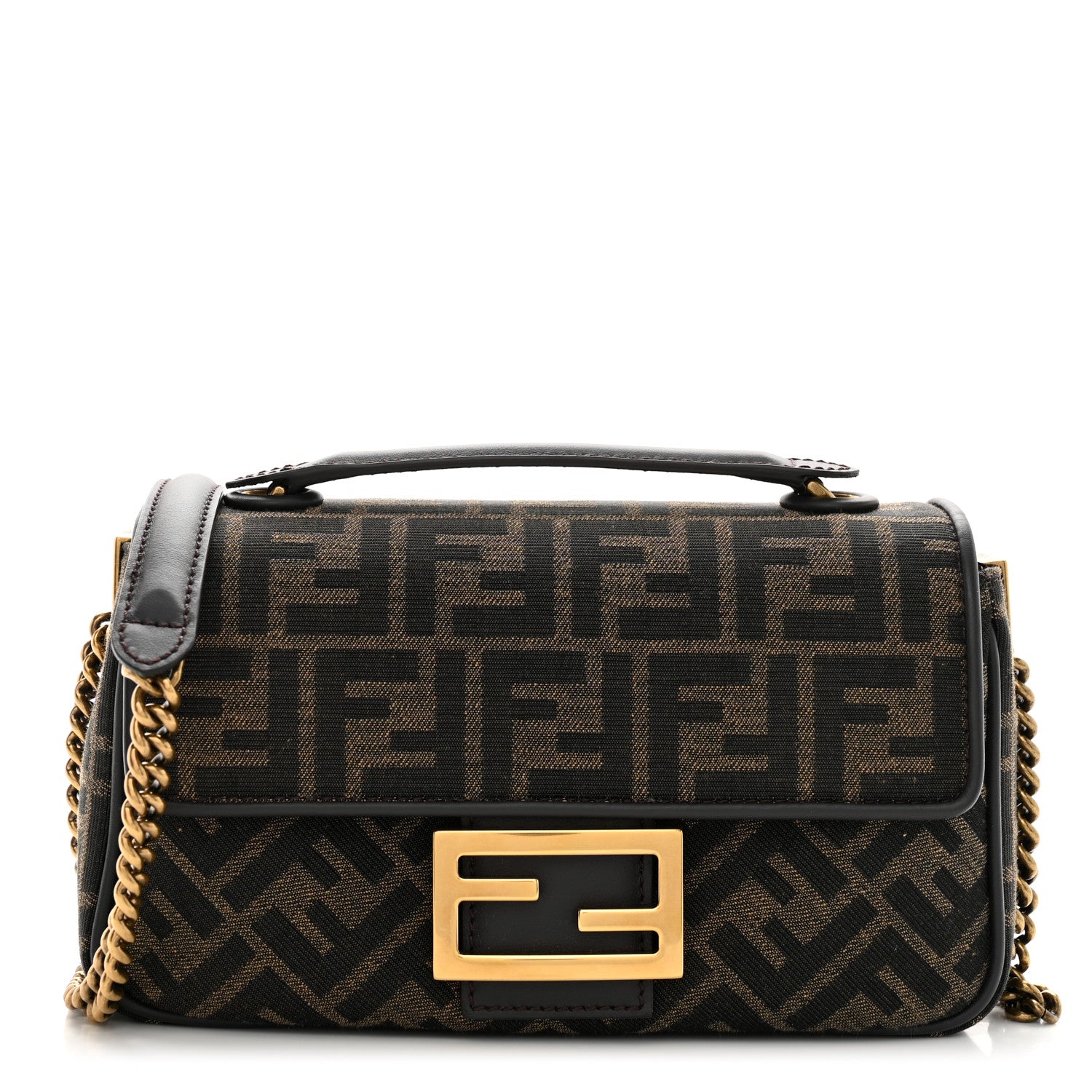 Fendi Fabric Jacquard FF 1974 Midi Chain Baguette Tobacco Moro 1 of 10