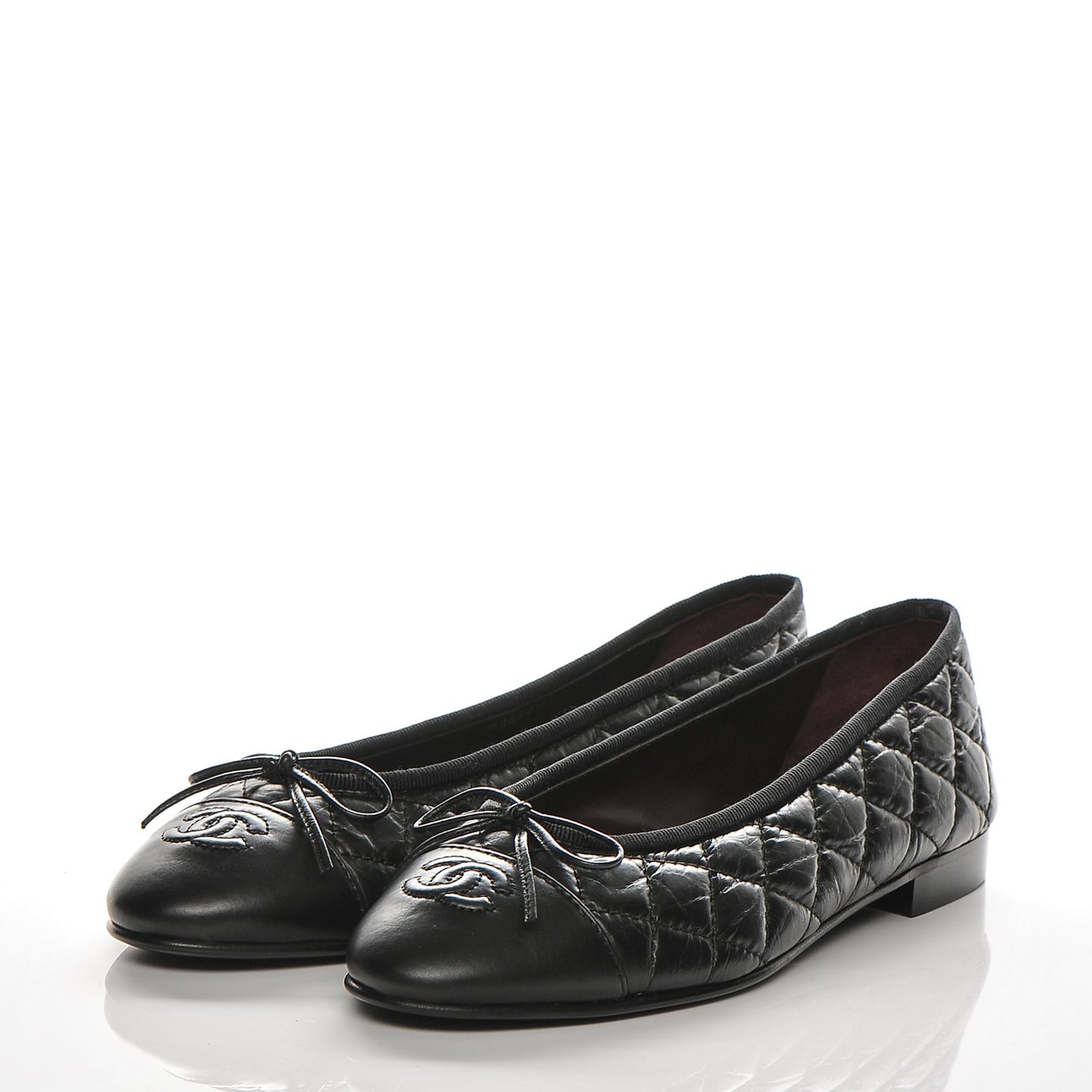 Aged Calfskin Quilted CC Cap Toe Ballerina Flats 37.5 Black