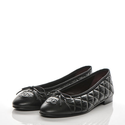 Chanel Aged Calfskin Quilted CC Cap Toe Ballerina Flats 37.5 Black 3 of 8