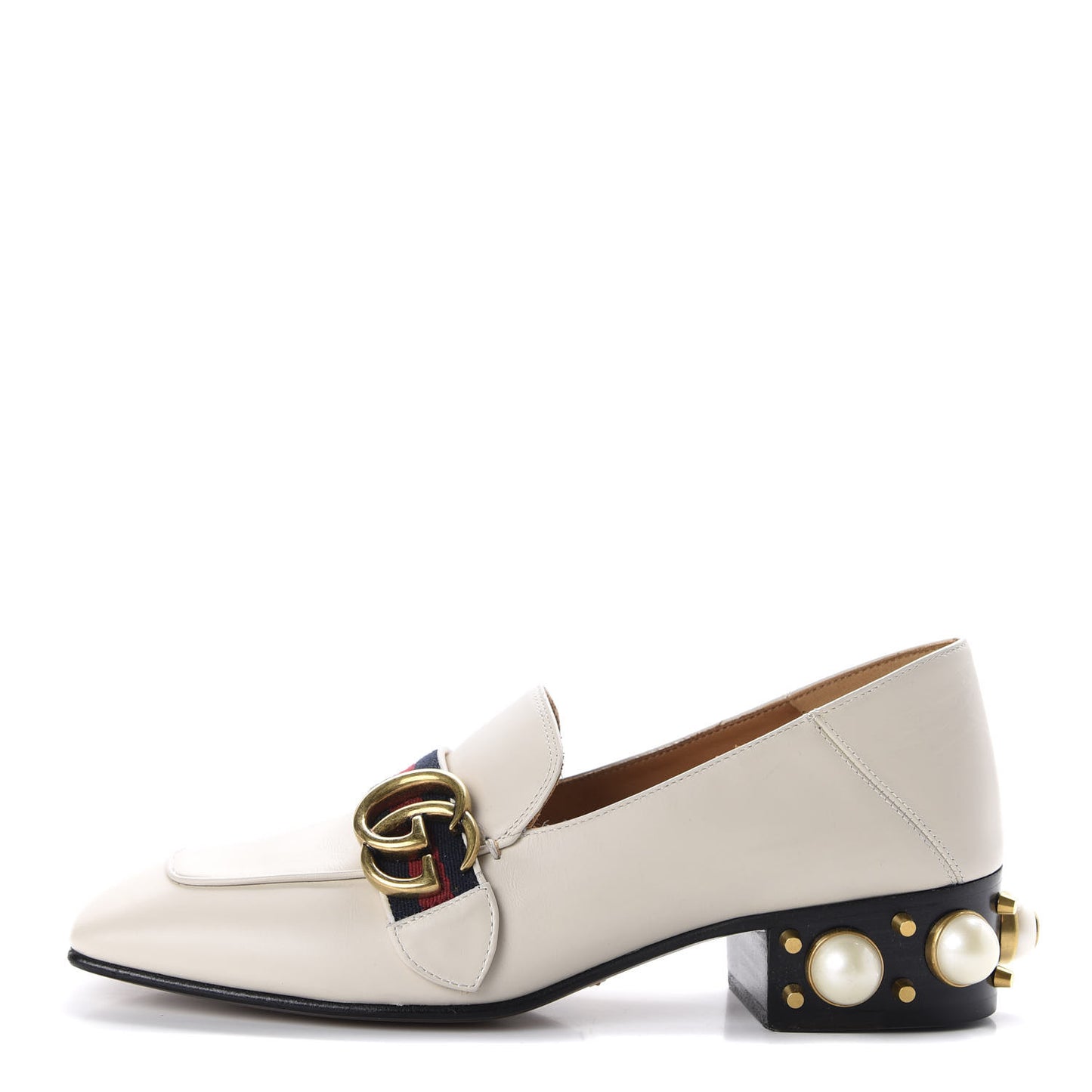 Betis Glamour Calfskin Web Pearl Embellished Peyton 35mm Loafer Pumps 36.5 Mystic White