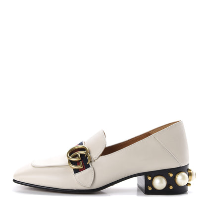 Gucci Betis Glamour Calfskin Web Pearl Embellished Peyton 35mm Loafer Pumps 36.5 Mystic White 1 of 10